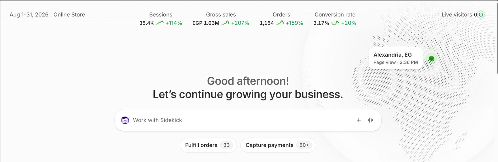 Shopify, August 2026: EGP 1.03M gross sales