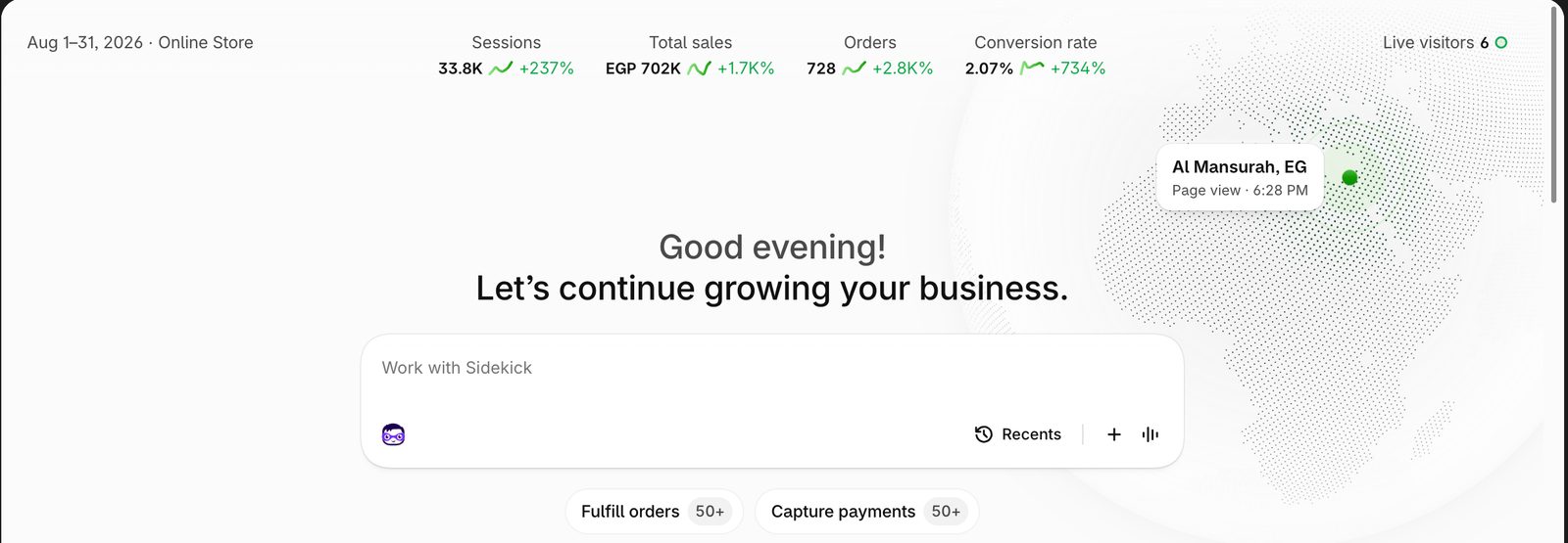 Shopify, August 2026: EGP 702K total sales