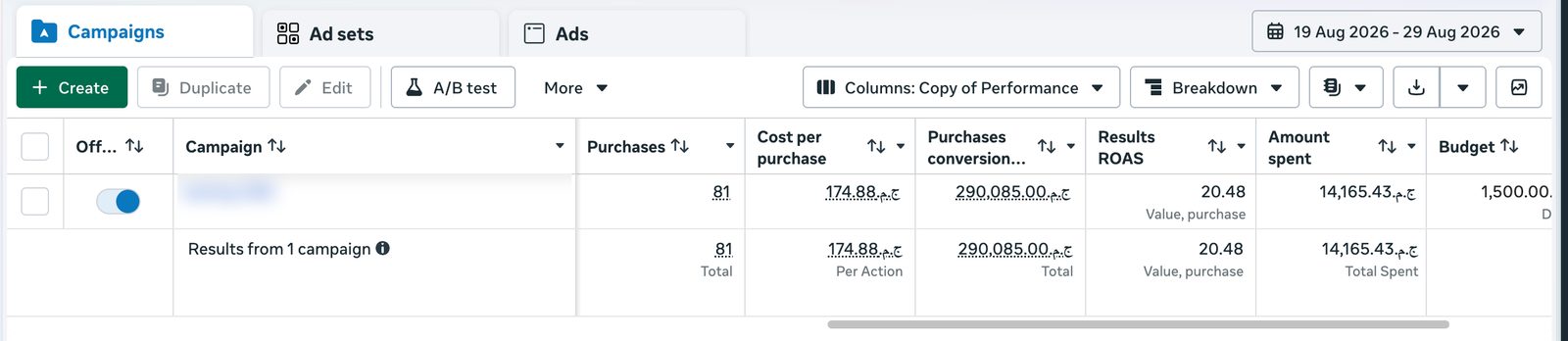 Meta Ads Manager, Aug 19 to 29 2026: EGP 290K purchase value at 20.48x ROAS, name blurred