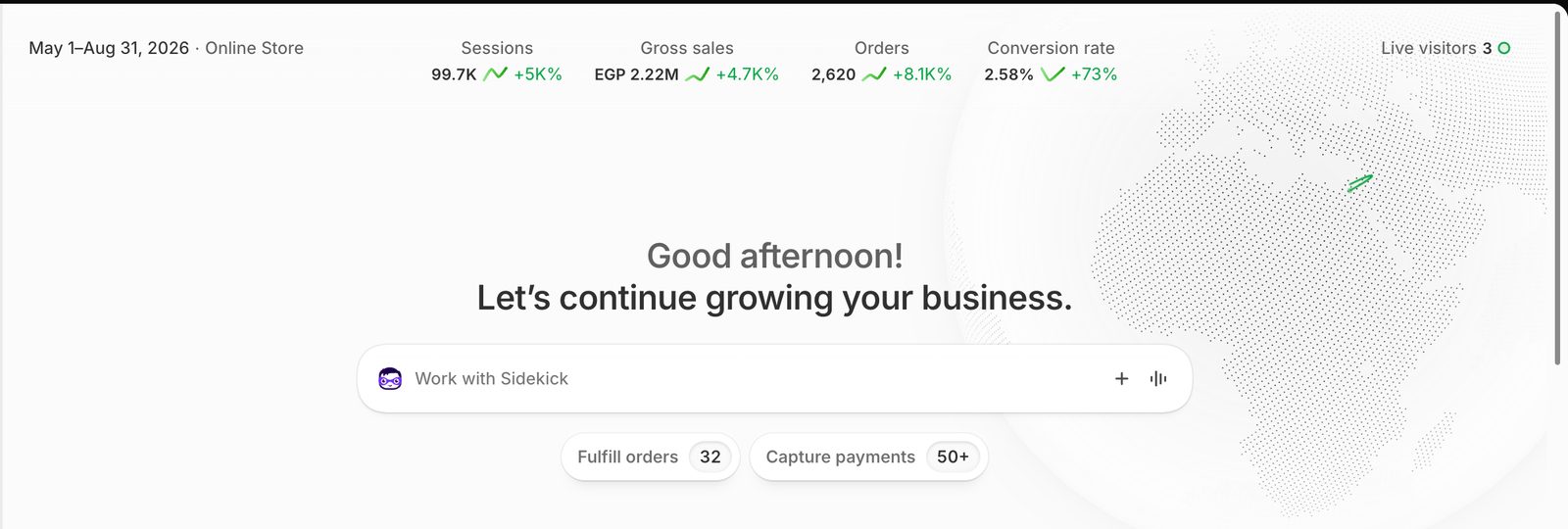 Shopify, May to Aug 2026: EGP 2.22M gross sales